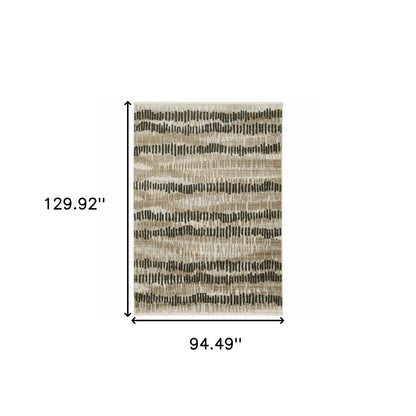 8' X 11' Beige Ivory Charcoal Brown Tan And Grey Abstract Power Loom Stain Resistant Area Rug With Fringe