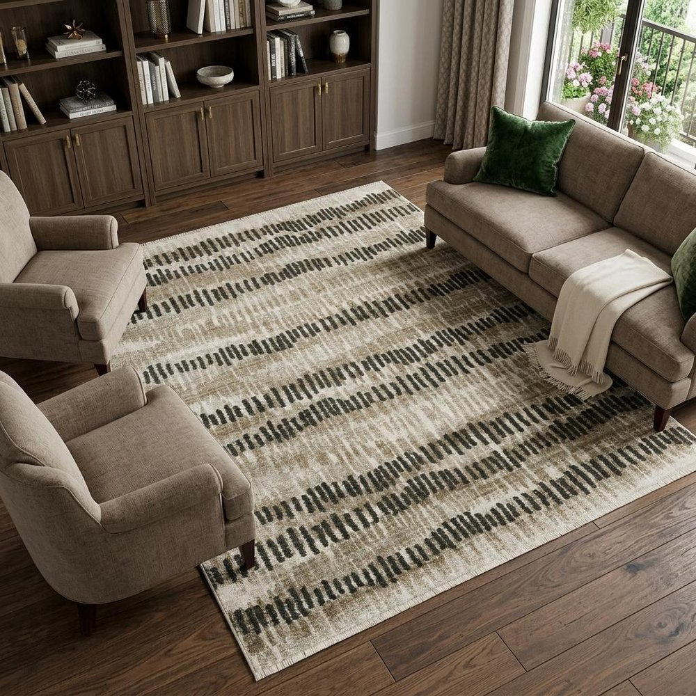 8' X 11' Beige Ivory Charcoal Brown Tan And Grey Abstract Power Loom Stain Resistant Area Rug With Fringe