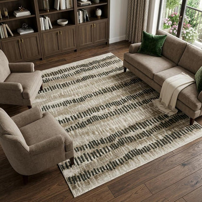 8' X 11' Beige Ivory Charcoal Brown Tan And Grey Abstract Power Loom Stain Resistant Area Rug With Fringe