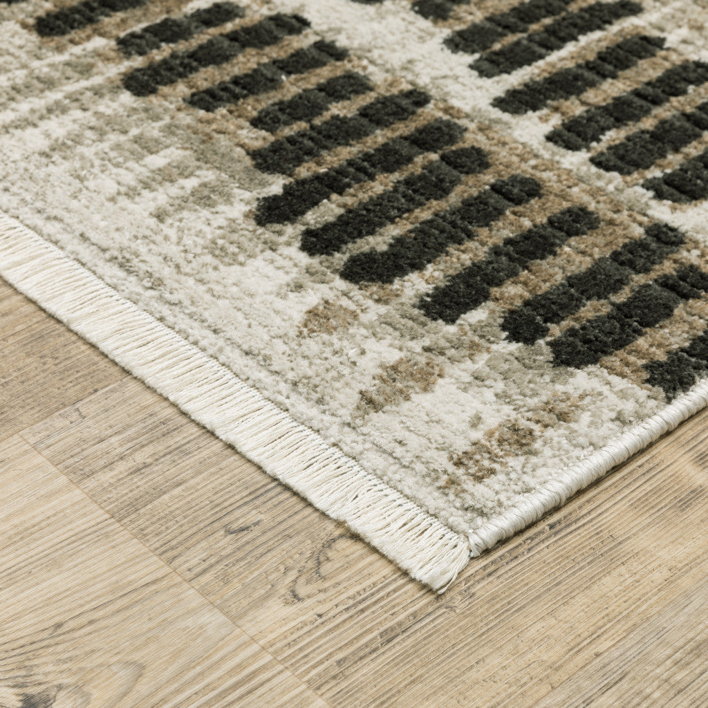 8' X 11' Beige Ivory Charcoal Brown Tan And Grey Abstract Power Loom Stain Resistant Area Rug With Fringe