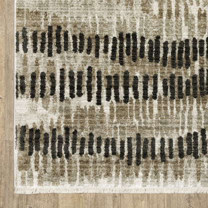 8' X 11' Beige Ivory Charcoal Brown Tan And Grey Abstract Power Loom Stain Resistant Area Rug With Fringe