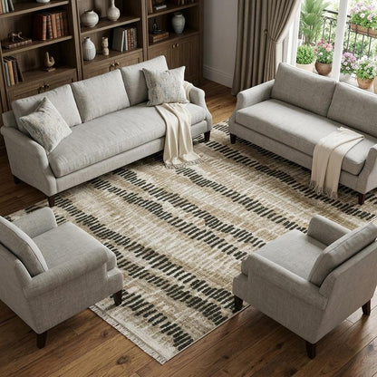 10' X 13' Beige Ivory Charcoal Brown Tan And Grey Abstract Power Loom Stain Resistant Area Rug With Fringe