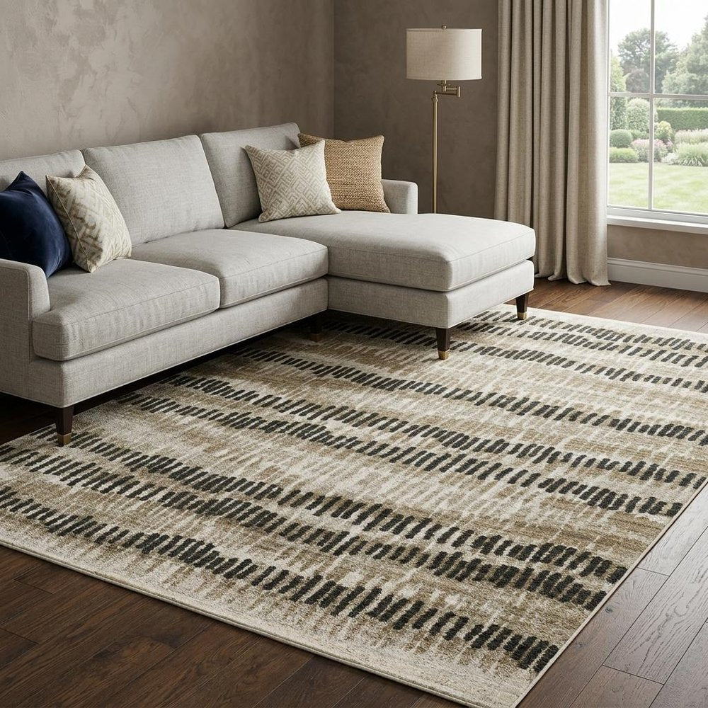 10' X 13' Beige Ivory Charcoal Brown Tan And Grey Abstract Power Loom Stain Resistant Area Rug With Fringe