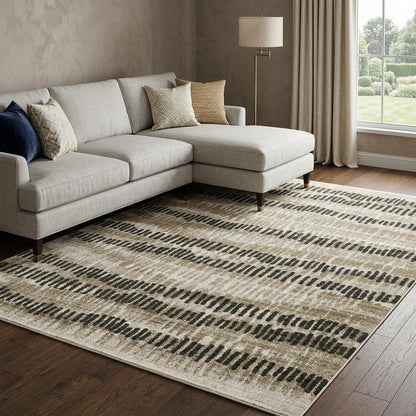 10' X 13' Beige Ivory Charcoal Brown Tan And Grey Abstract Power Loom Stain Resistant Area Rug With Fringe