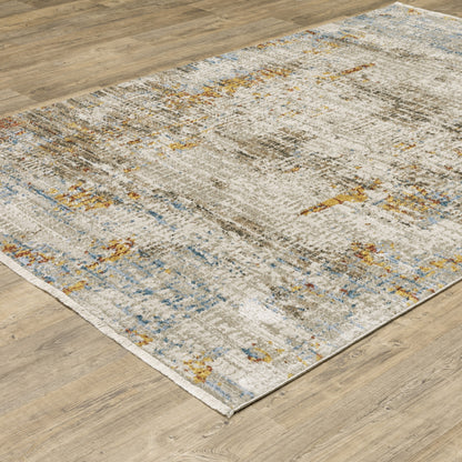 4' X 6' Beige Grey Brown Gold Red And Blue Abstract Power Loom Stain Resistant Area Rug With Fringe