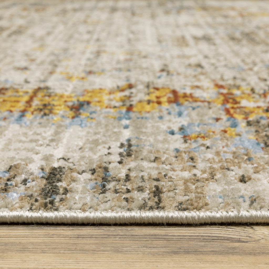 4' X 6' Beige Grey Brown Gold Red And Blue Abstract Power Loom Stain Resistant Area Rug With Fringe