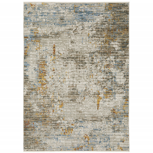 5' X 8' Beige Grey Brown Gold Red And Blue Abstract Power Loom Stain Resistant Area Rug With Fringe