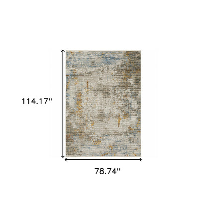 6' X 9' Beige Grey Brown Gold Red And Blue Abstract Power Loom Stain Resistant Area Rug With Fringe