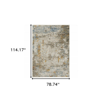 6' X 9' Beige Grey Brown Gold Red And Blue Abstract Power Loom Stain Resistant Area Rug With Fringe