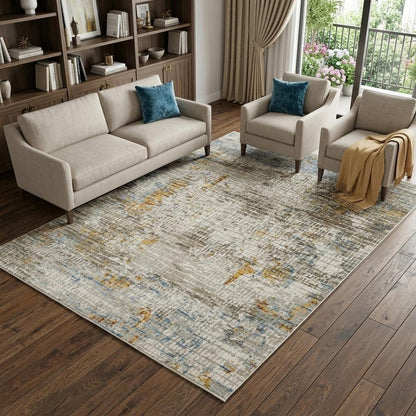 6' X 9' Beige Grey Brown Gold Red And Blue Abstract Power Loom Stain Resistant Area Rug With Fringe