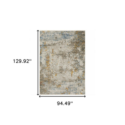 8' X 11' Beige Grey Brown Gold Red And Blue Abstract Power Loom Stain Resistant Area Rug With Fringe