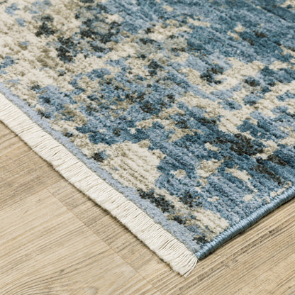 2' X 8' Blue Grey Ivory Light Blue And Dark Blue Abstract Power Loom Stain Resistant Runner Rug With Fringe