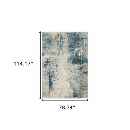 6' X 9' Blue Grey Ivory Light Blue And Dark Blue Abstract Power Loom Stain Resistant Area Rug With Fringe