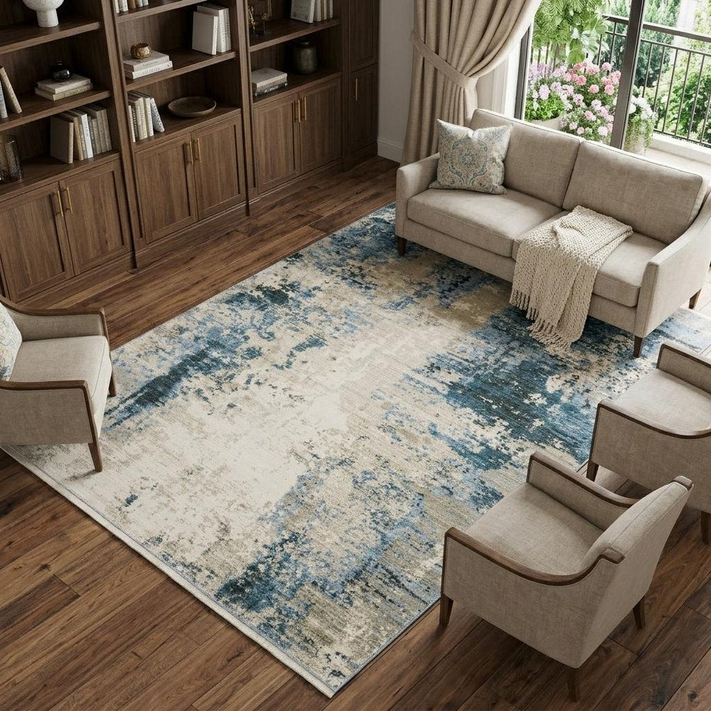 6' X 9' Blue Grey Ivory Light Blue And Dark Blue Abstract Power Loom Stain Resistant Area Rug With Fringe