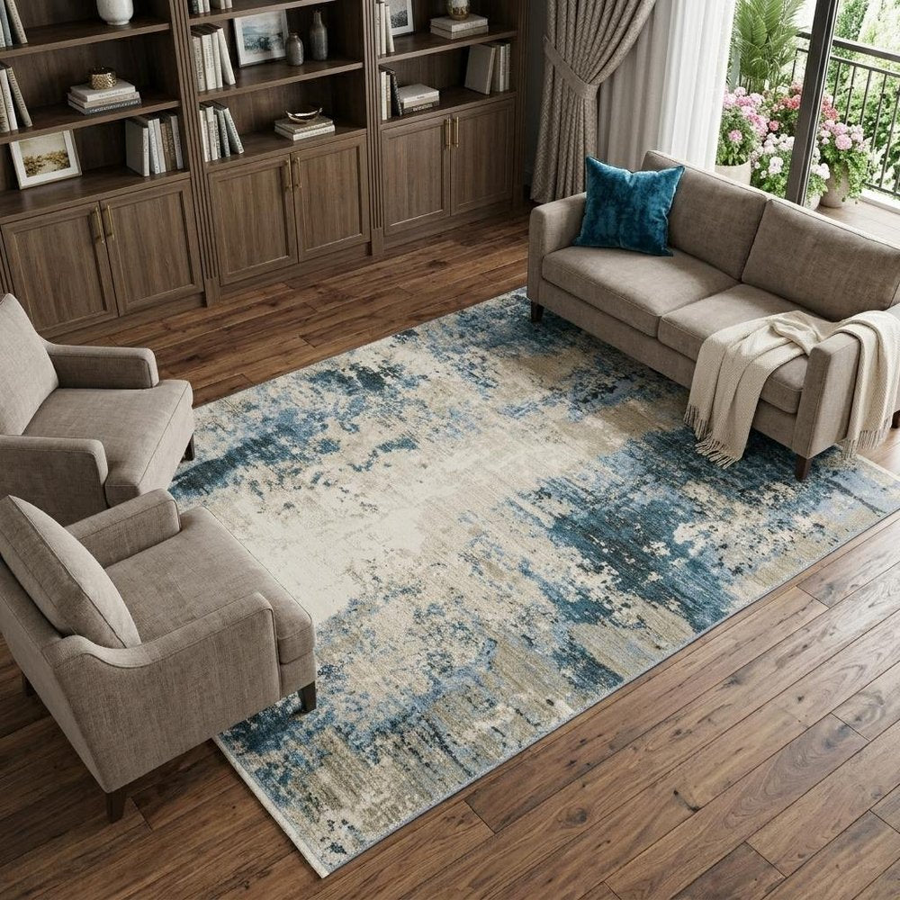 8' X 11' Blue Grey Ivory Light Blue And Dark Blue Abstract Power Loom Stain Resistant Area Rug With Fringe