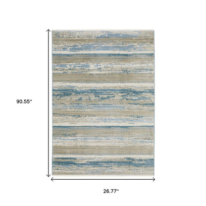 8' Blue And Beige Abstract Distressed Runner Rug With Fringe
