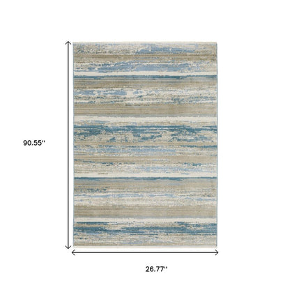 8' Blue And Beige Abstract Distressed Runner Rug With Fringe