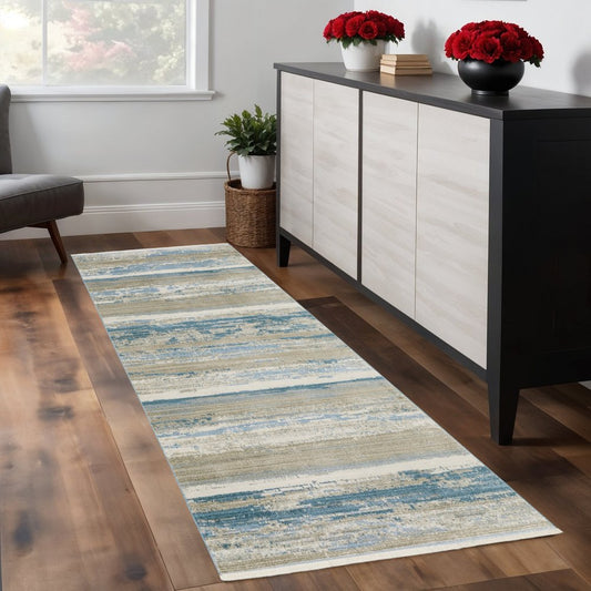 8' Blue And Beige Abstract Distressed Runner Rug With Fringe