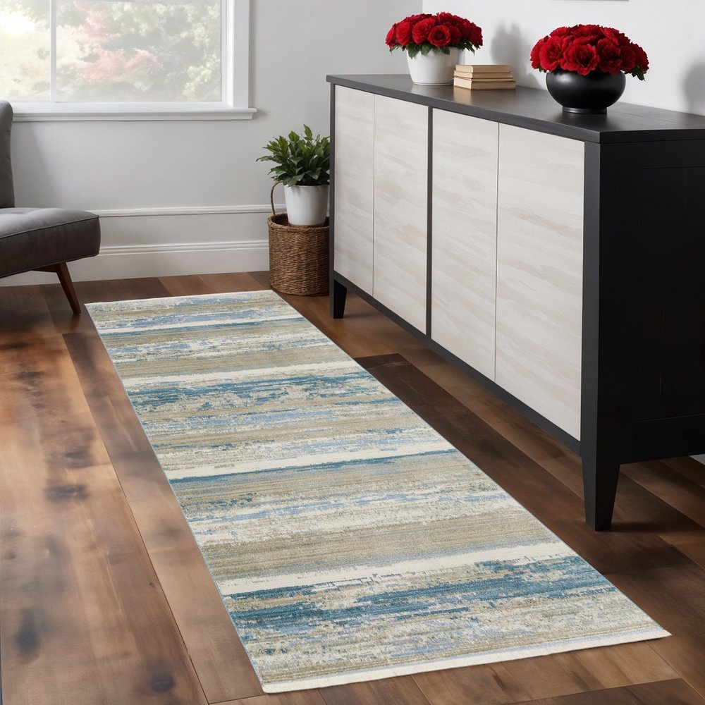 8' Blue And Beige Abstract Distressed Runner Rug With Fringe