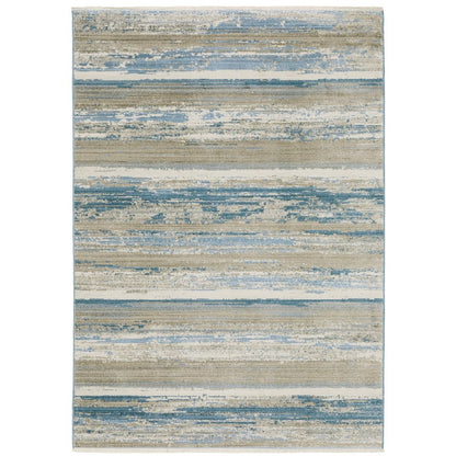 8' Blue And Beige Abstract Distressed Runner Rug With Fringe
