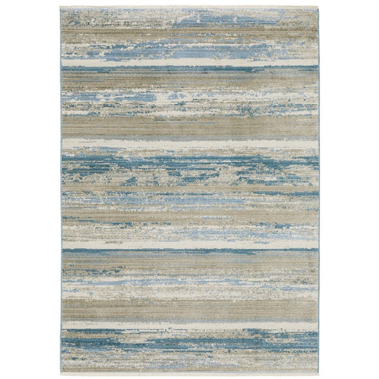 8' Blue And Beige Abstract Distressed Runner Rug With Fringe