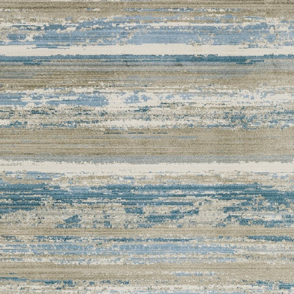 8' Blue And Beige Abstract Distressed Runner Rug With Fringe