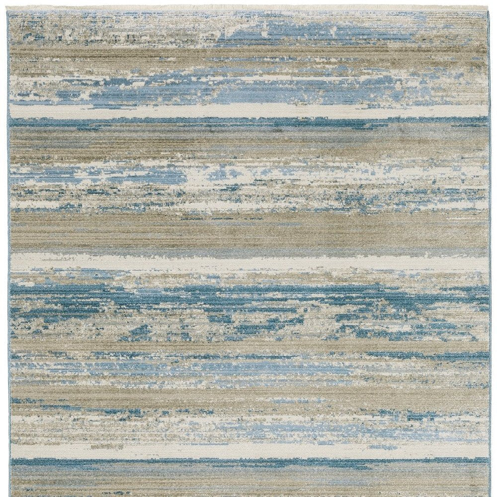 8' Blue And Beige Abstract Distressed Runner Rug With Fringe