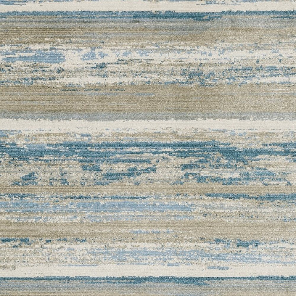8' Blue And Beige Abstract Distressed Runner Rug With Fringe