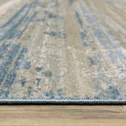 8' Blue And Beige Abstract Distressed Runner Rug With Fringe