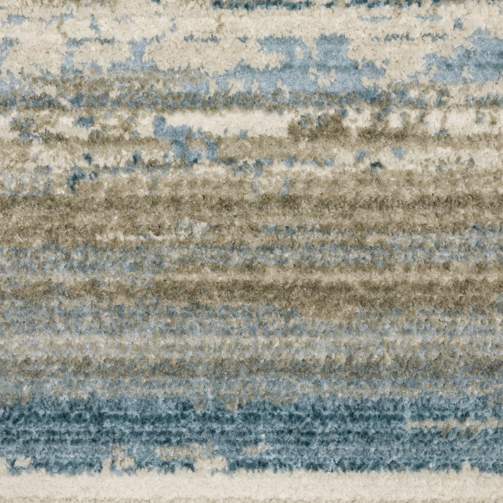 8' Blue And Beige Abstract Distressed Runner Rug With Fringe