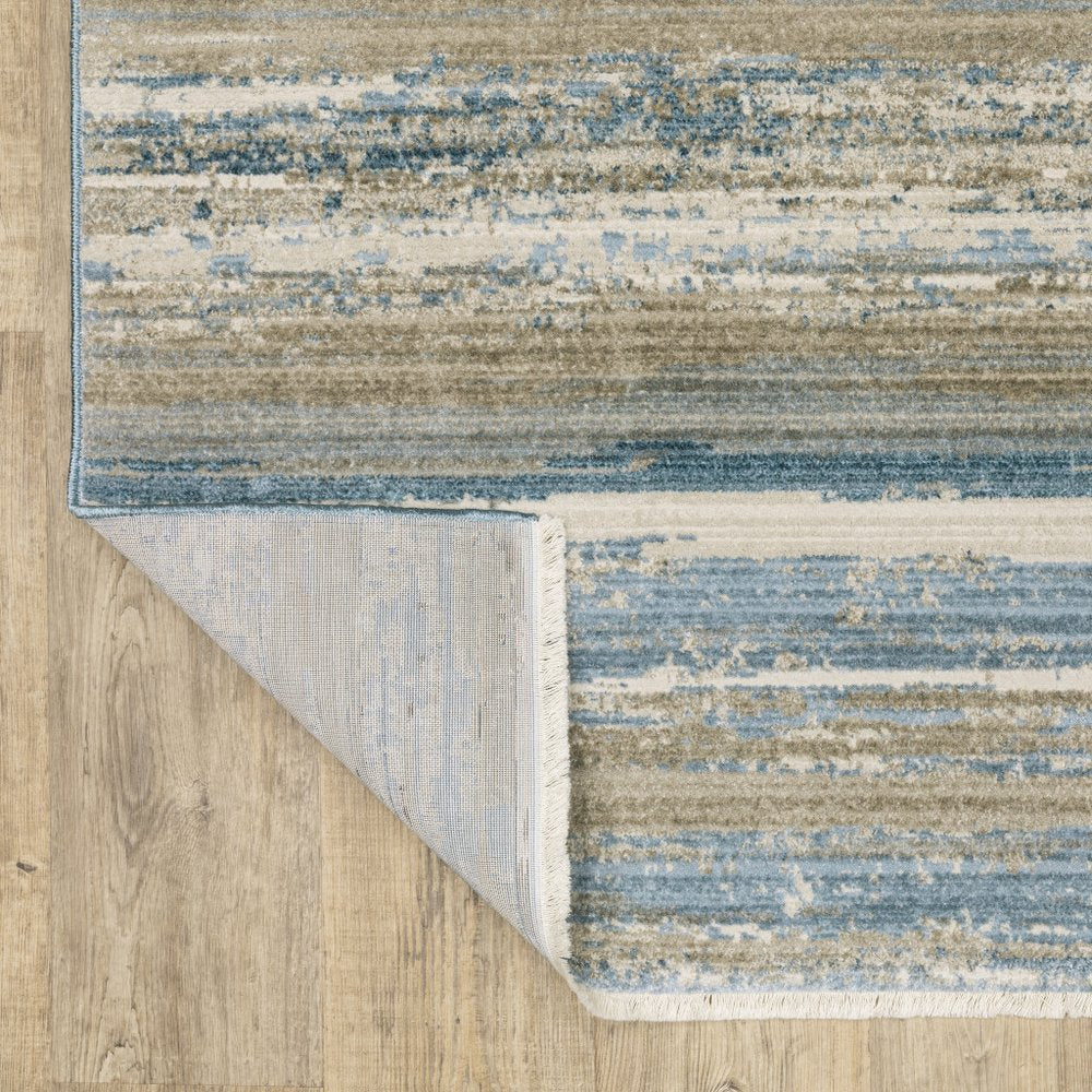 8' Blue And Beige Abstract Distressed Runner Rug With Fringe