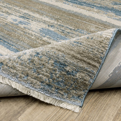 8' Blue And Beige Abstract Distressed Runner Rug With Fringe