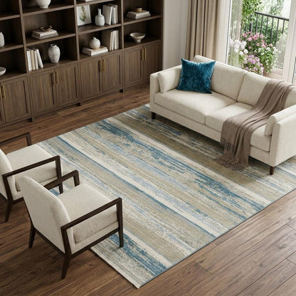 10' X 13' Ivory Beige Grey Blue And Tan Abstract Power Loom Stain Resistant Area Rug With Fringe