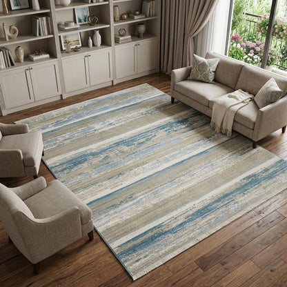 10' X 13' Ivory Beige Grey Blue And Tan Abstract Power Loom Stain Resistant Area Rug With Fringe