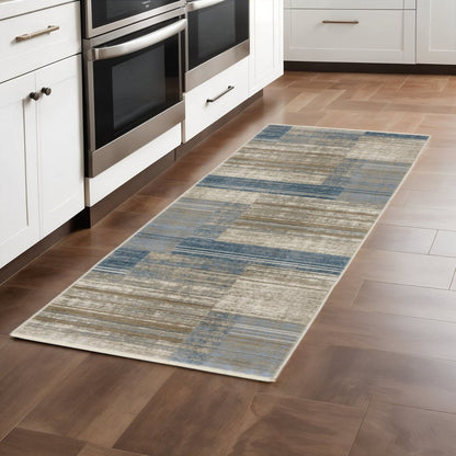 8' Beige Blue and Gray Geometric Power Loom Runner Rug