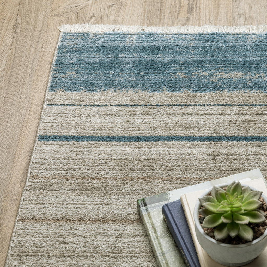 8' Beige Blue and Gray Geometric Power Loom Runner Rug