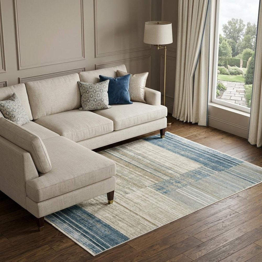 10' X 13' Blue Dark Blue Teal Grey Ivory Beige And Tan Geometric Power Loom Stain Resistant Area Rug With Fringe