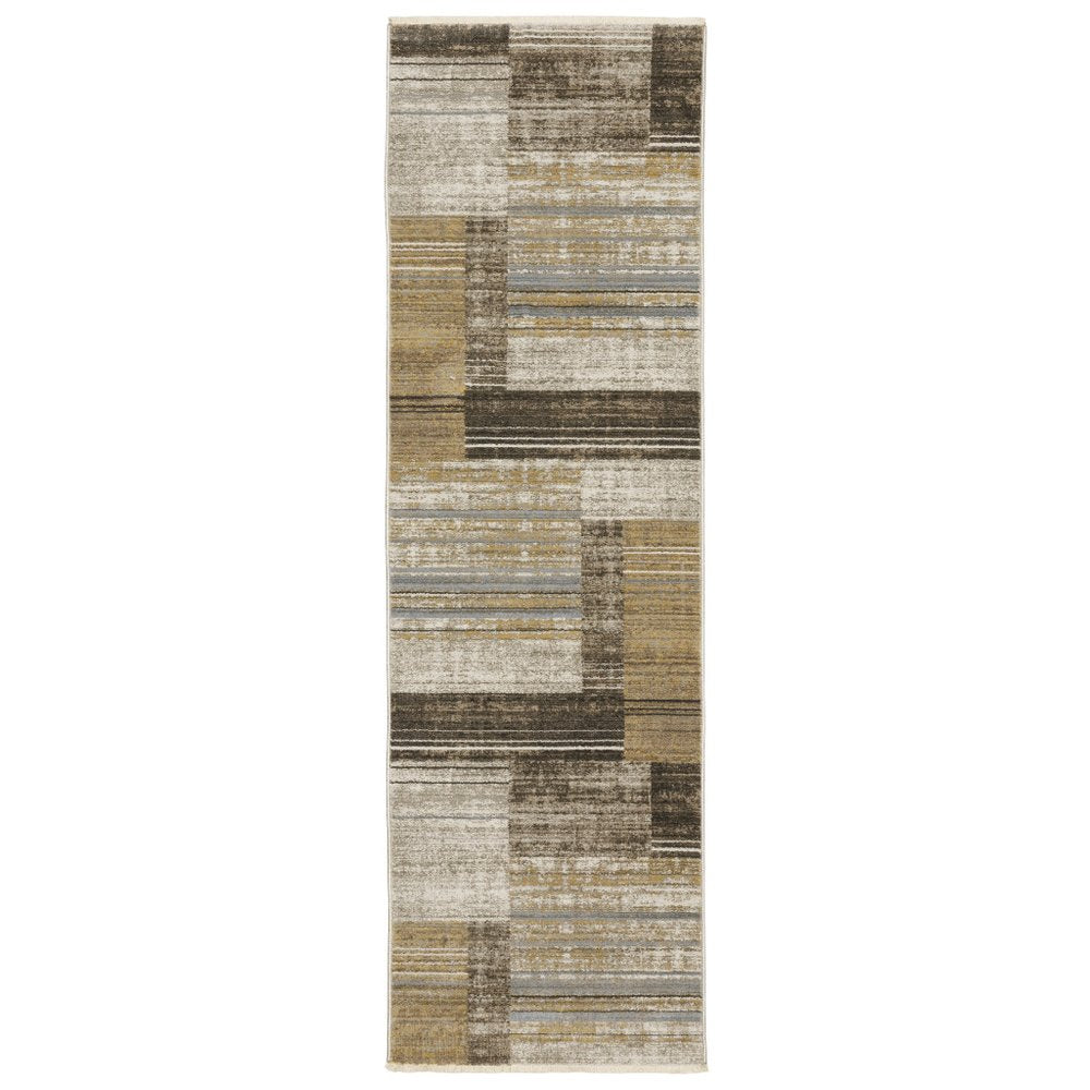 8' Beige and Charcoal Geometric Power Loom Runner Rug