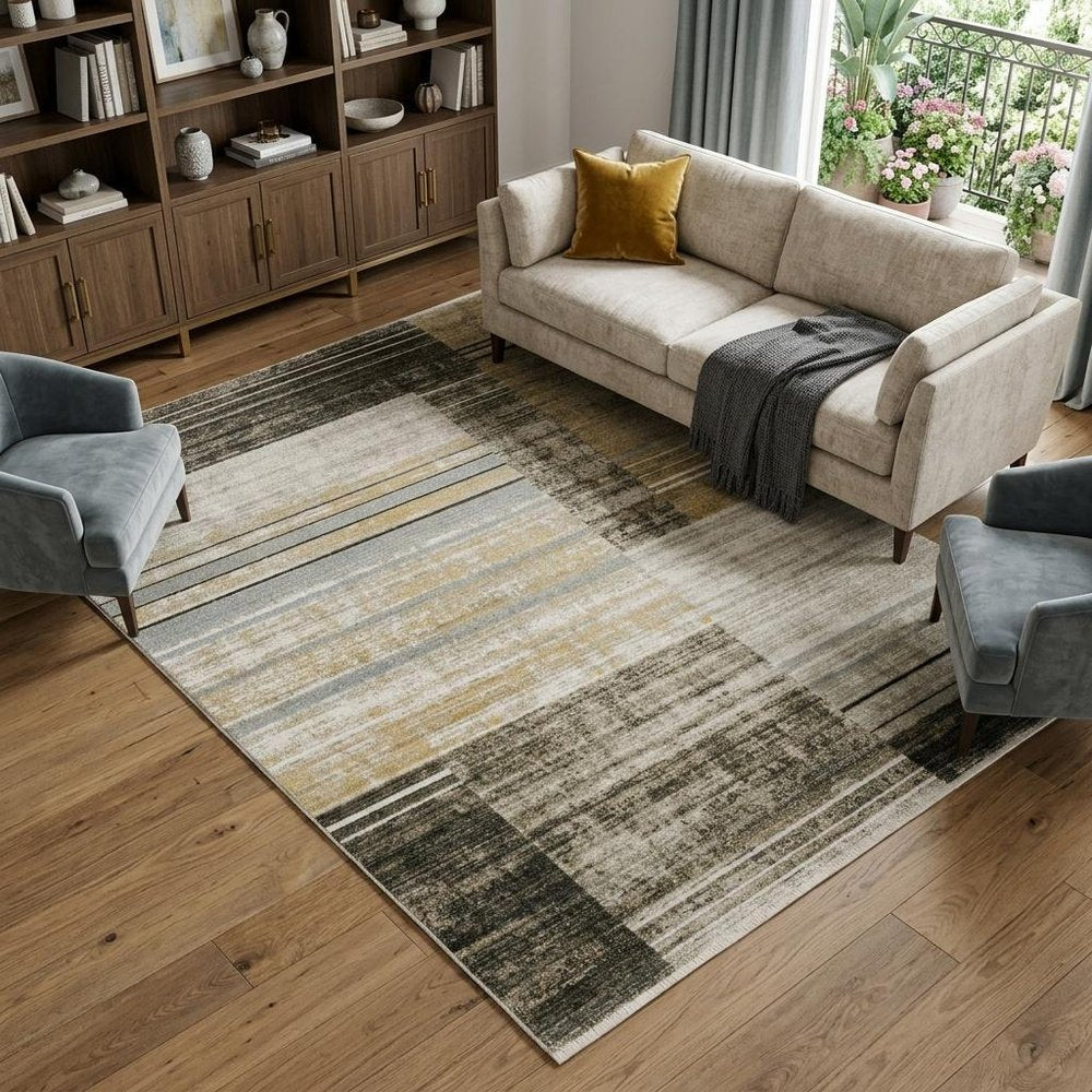 6' X 9' Beige Charcoal Brown Grey Tan Gold And Blue Geometric Power Loom Stain Resistant Area Rug With Fringe