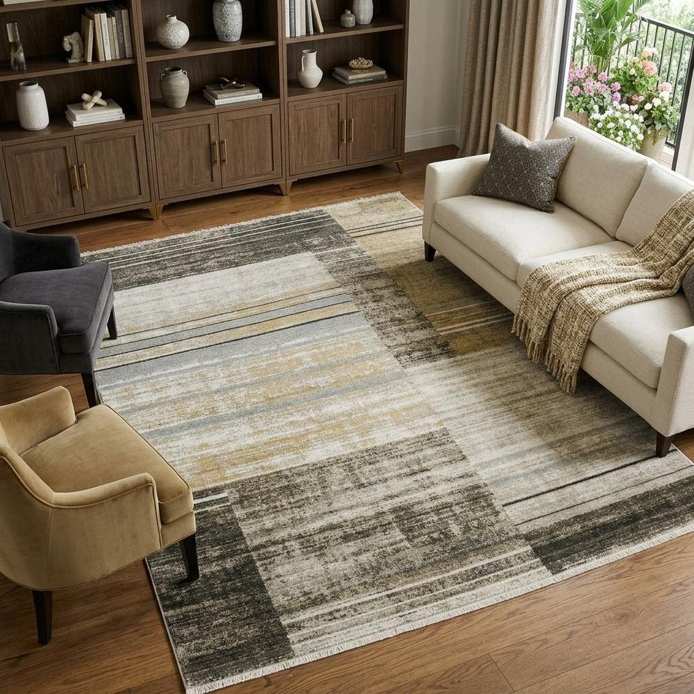 8' X 11' Beige Charcoal Brown Grey Tan Gold And Blue Geometric Power Loom Stain Resistant Area Rug With Fringe