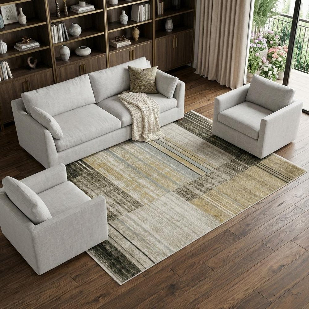 8' X 11' Beige Charcoal Brown Grey Tan Gold And Blue Geometric Power Loom Stain Resistant Area Rug With Fringe