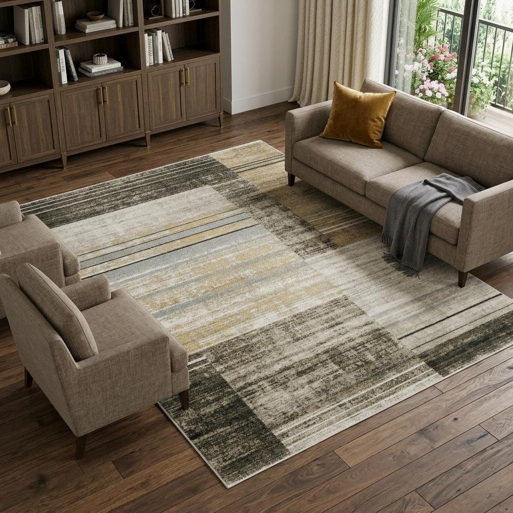 10' X 13' Beige Charcoal Brown Grey Tan Gold And Blue Geometric Power Loom Stain Resistant Area Rug With Fringe