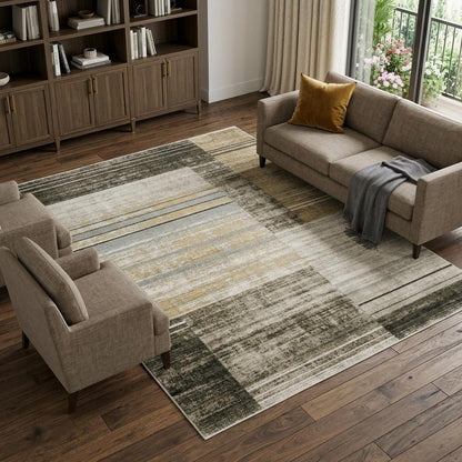 10' X 13' Beige Charcoal Brown Grey Tan Gold And Blue Geometric Power Loom Stain Resistant Area Rug With Fringe