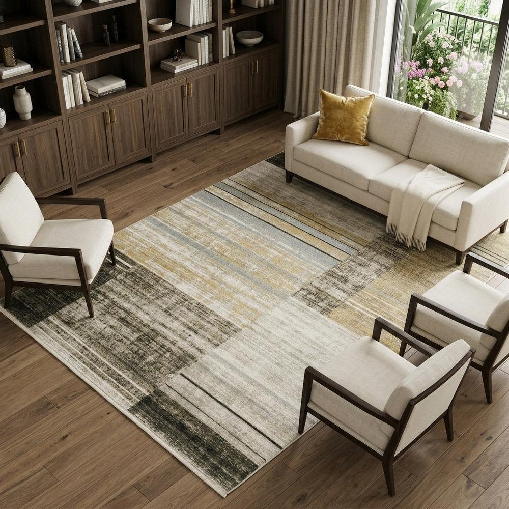10' X 13' Beige Charcoal Brown Grey Tan Gold And Blue Geometric Power Loom Stain Resistant Area Rug With Fringe