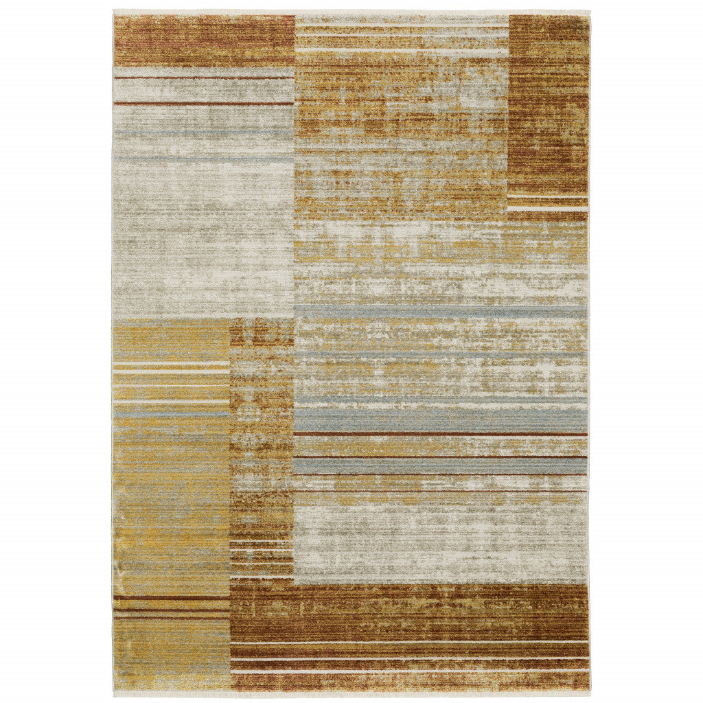 6' X 9' Rust Gold Blue Grey Ivory And Tan Geometric Power Loom Stain Resistant Area Rug With Fringe