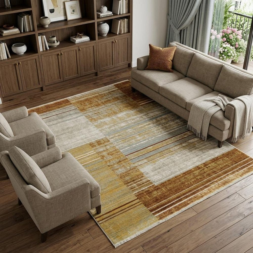 6' X 9' Rust Gold Blue Grey Ivory And Tan Geometric Power Loom Stain Resistant Area Rug With Fringe