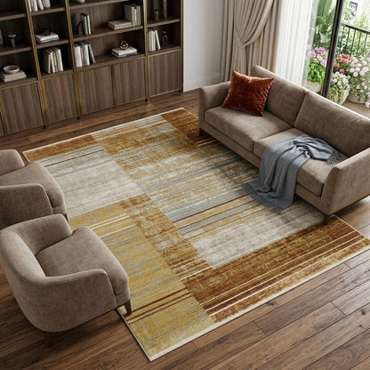 8' X 11' Rust Gold Blue Grey Ivory And Tan Geometric Power Loom Stain Resistant Area Rug With Fringe
