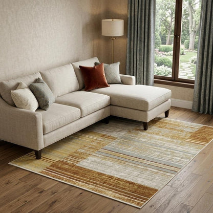 10' X 13' Rust Gold Blue Grey Ivory And Tan Geometric Power Loom Stain Resistant Area Rug With Fringe