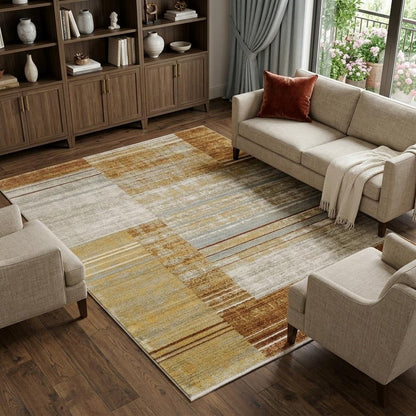 10' X 13' Rust Gold Blue Grey Ivory And Tan Geometric Power Loom Stain Resistant Area Rug With Fringe