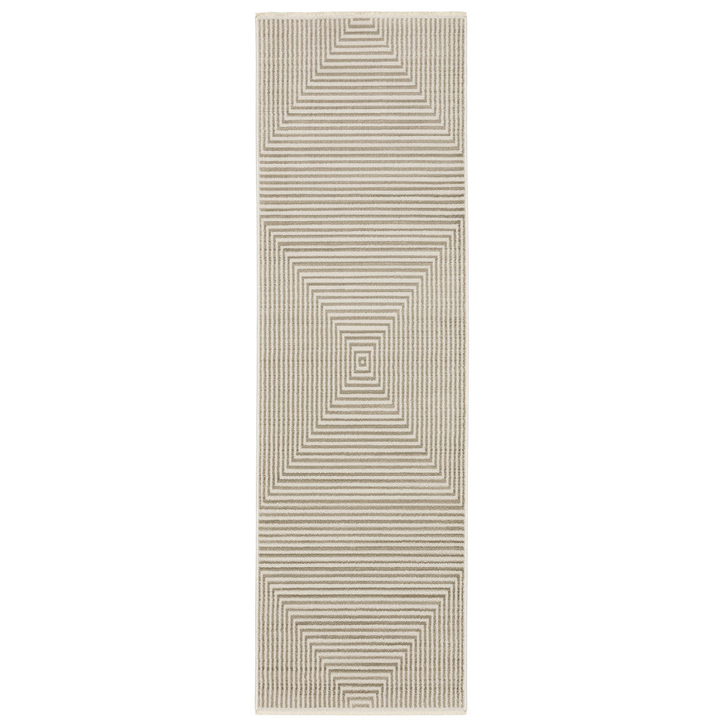 8' Ivory Beige Taupe And Tan Geometric Power Loom Runner Rug With Fringe